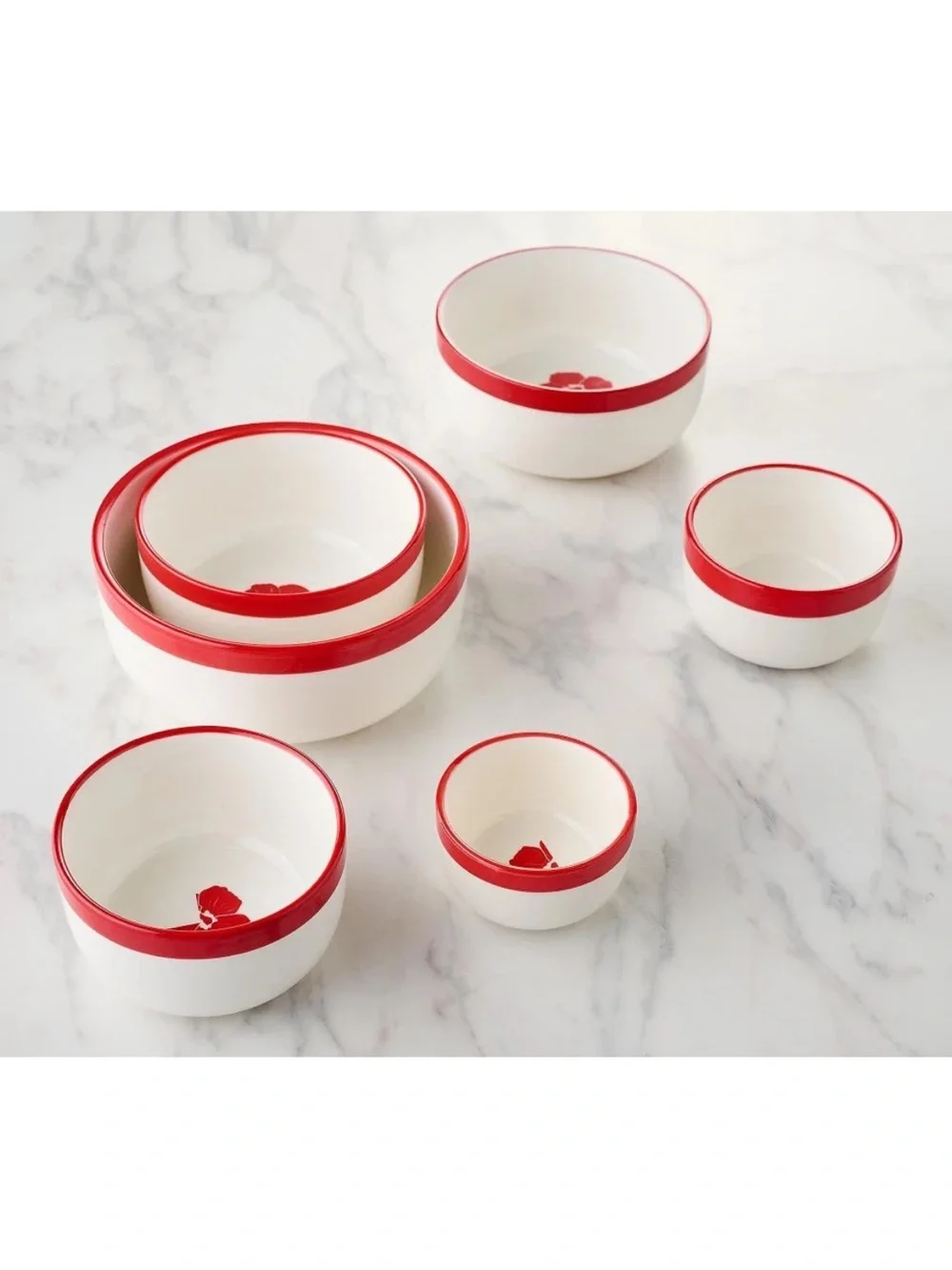 Carla Hall Sweet Heritage Nesting Ceramic Measuring Bowls White Red Blooming